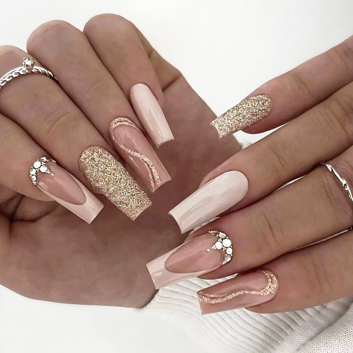 Glamorous Gala Extra Long Coffin Beige Press-On Nails with Gold Glitte –  RainyRoses